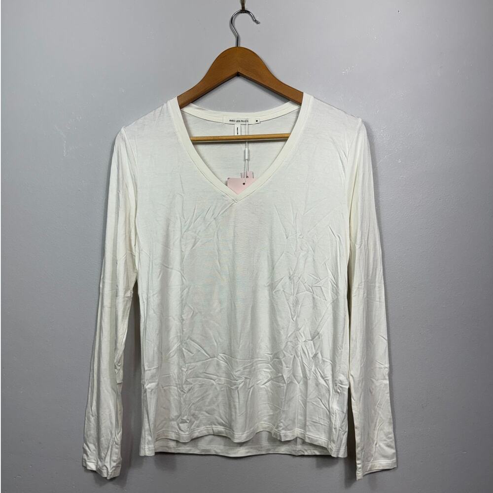 New Avec Les Filles V-Neck Long Sleeve Top in Ivory Women's M